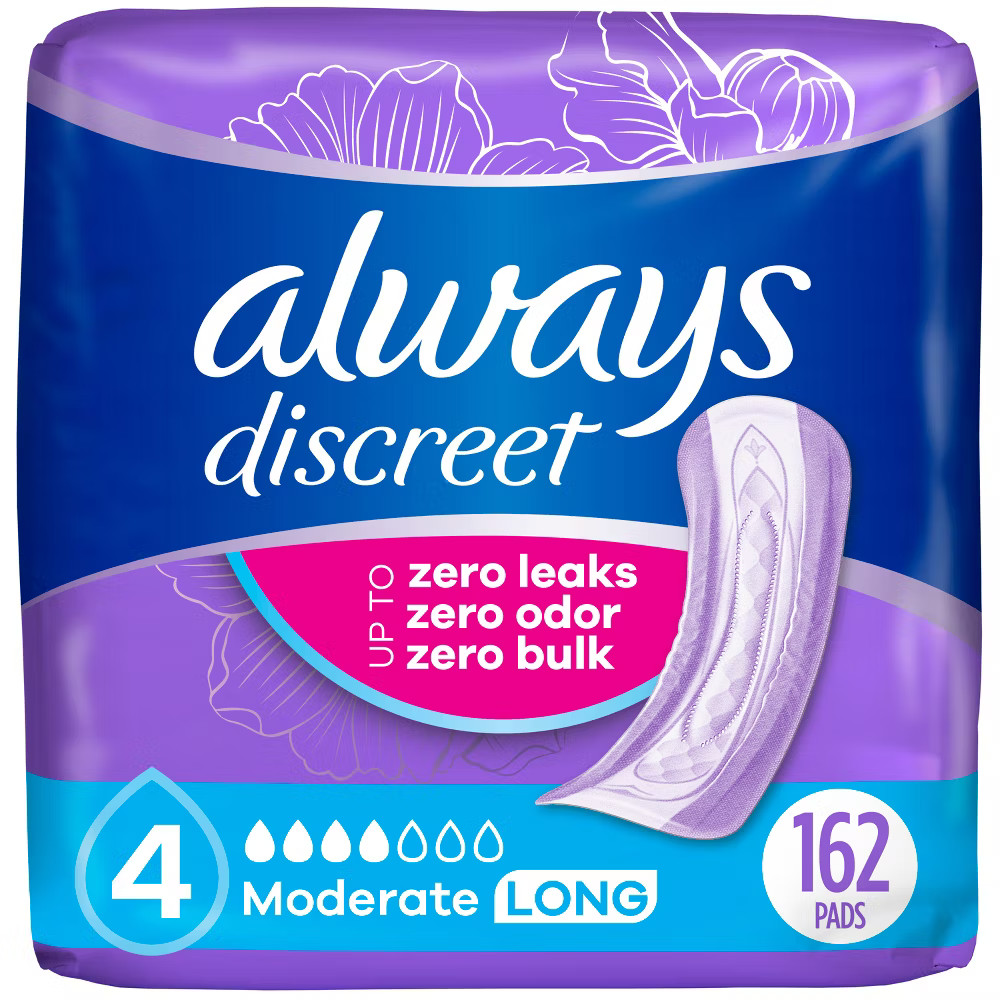 Always Discreet Moderate Long Absorbency 4 Drop Base Pads - 162ct