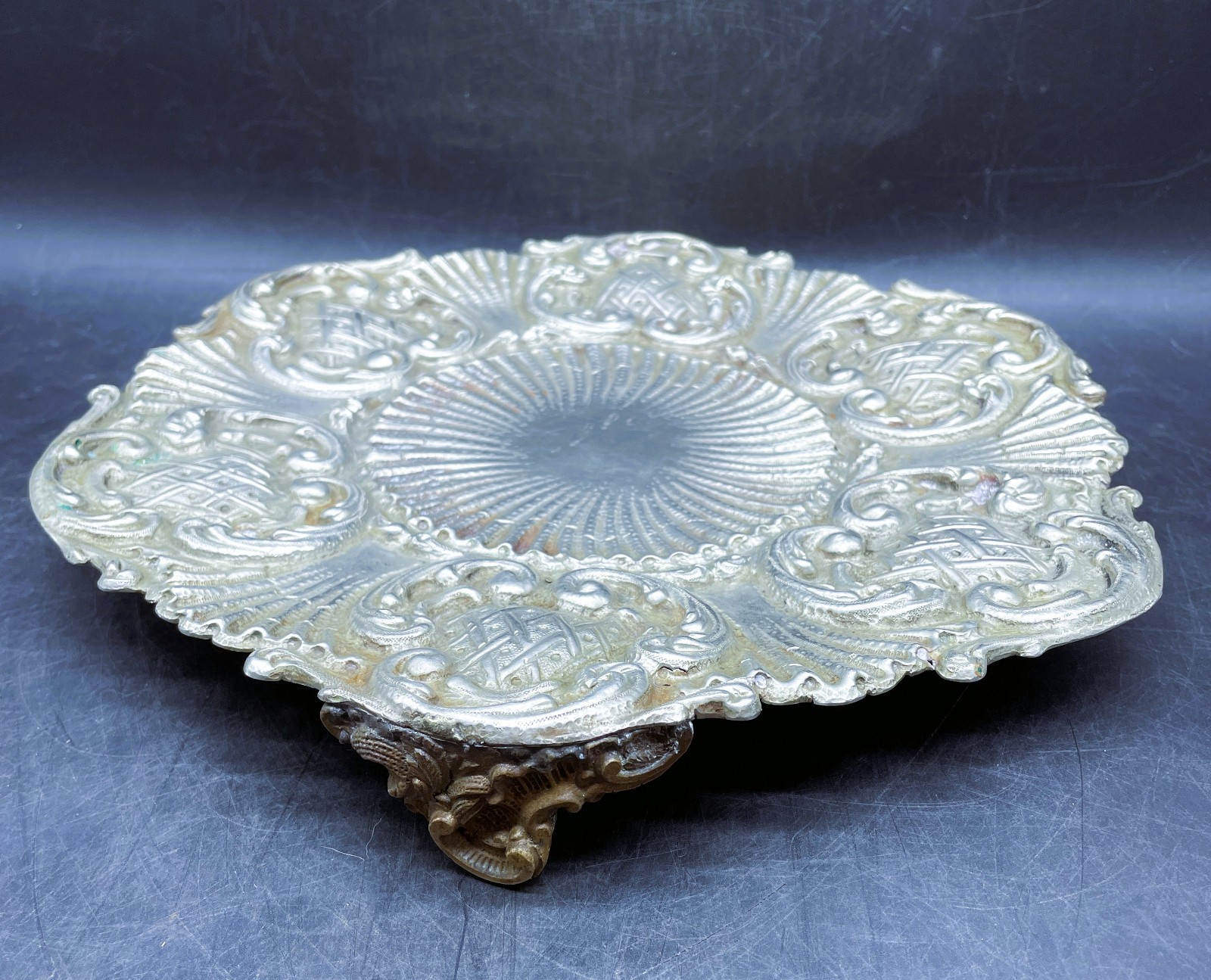 Antique Silver Plate Footed Plateau Stand Tray Ornate Edge, Display