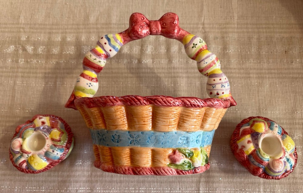 Handpainted Ceramic Easter Basket With Candle Holders 3 Pc Centerpiece Set