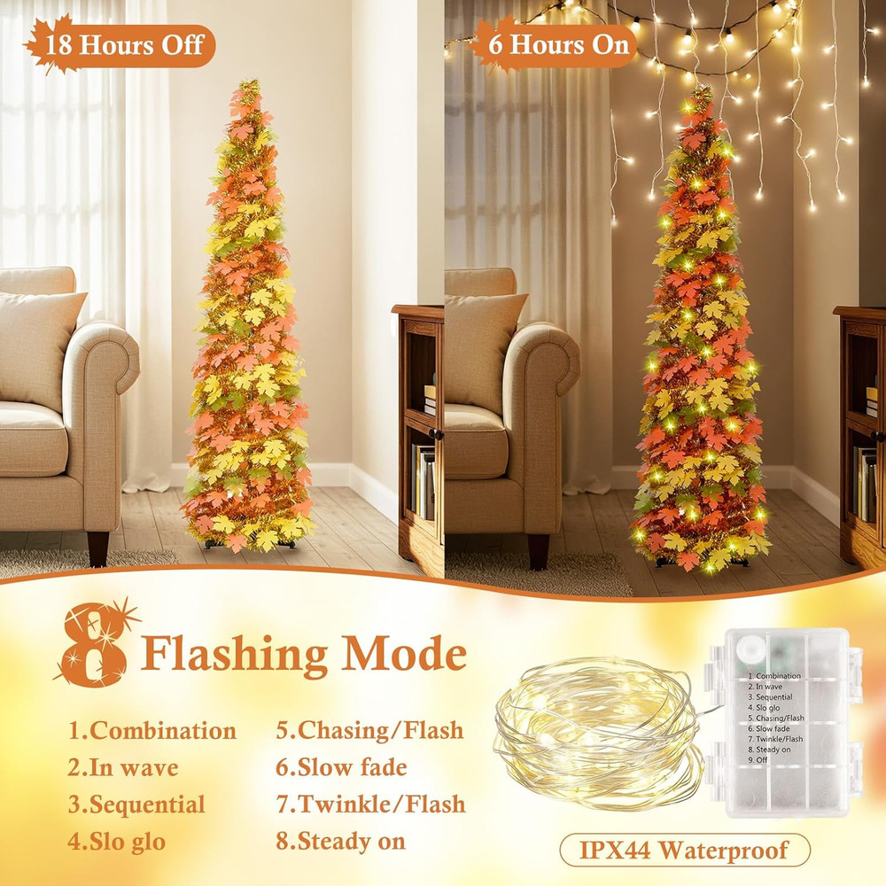 5FT 100 LED Fall Tree Collapsible Autumn Maple Leaf Pop up Tinsel Tree Decor