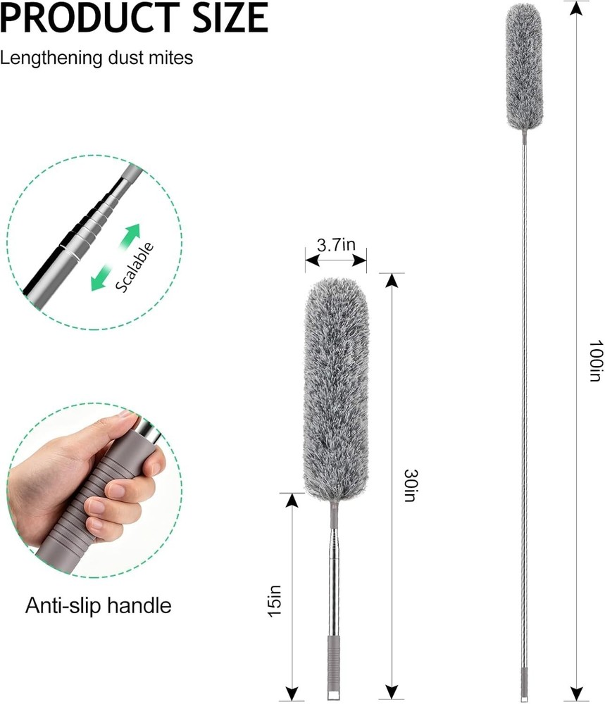 Washable Extra-Long Duster with Electrostatic Microfiber Head for High Dusting