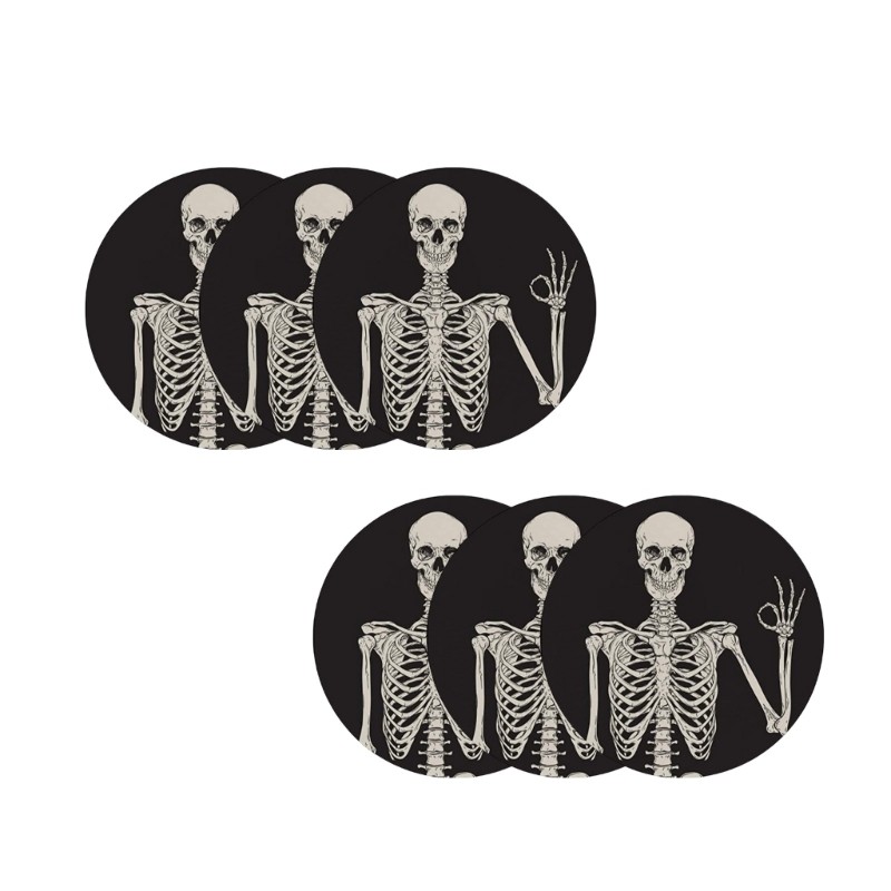 6Pcs Skeleton Skull Pattern Coasters Ceramic Stone Round Cup Mats Table Coaster