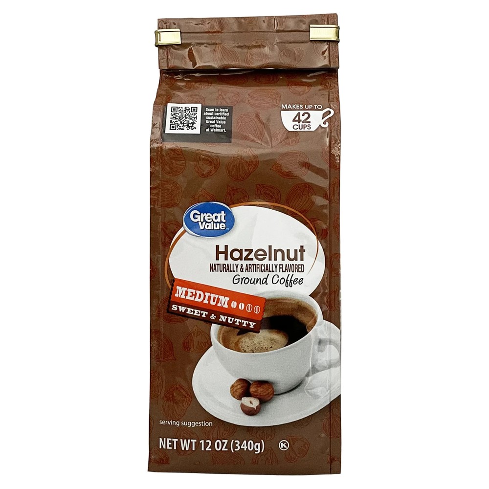 Great Value Hazelnut Medium Roast Ground Coffee, 12 oz, Bag