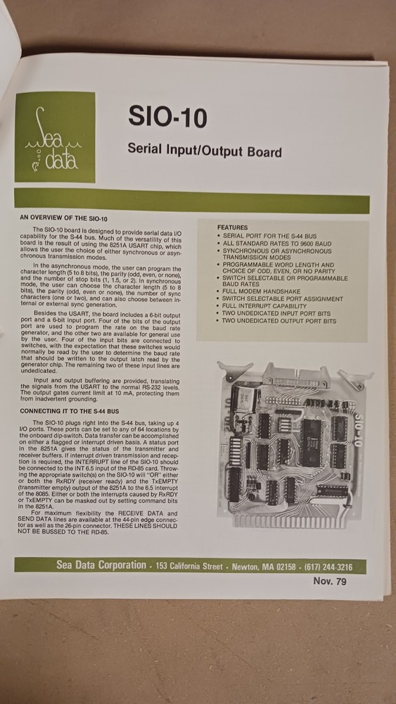 Sea Data Corporation RD-85 Single Board Microcomputer and Related Data Sheet