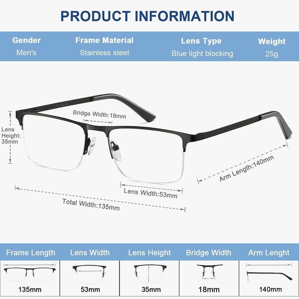 EYECEDAR 5 Pack Quality Reading Glasses Men Metal Half Frame Spring Hinges Bl...