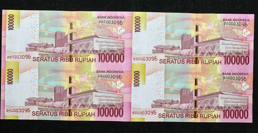 Indonesia 100000 Rupiah 2014 UNCUT notes 4x1 With Folder & Certificate