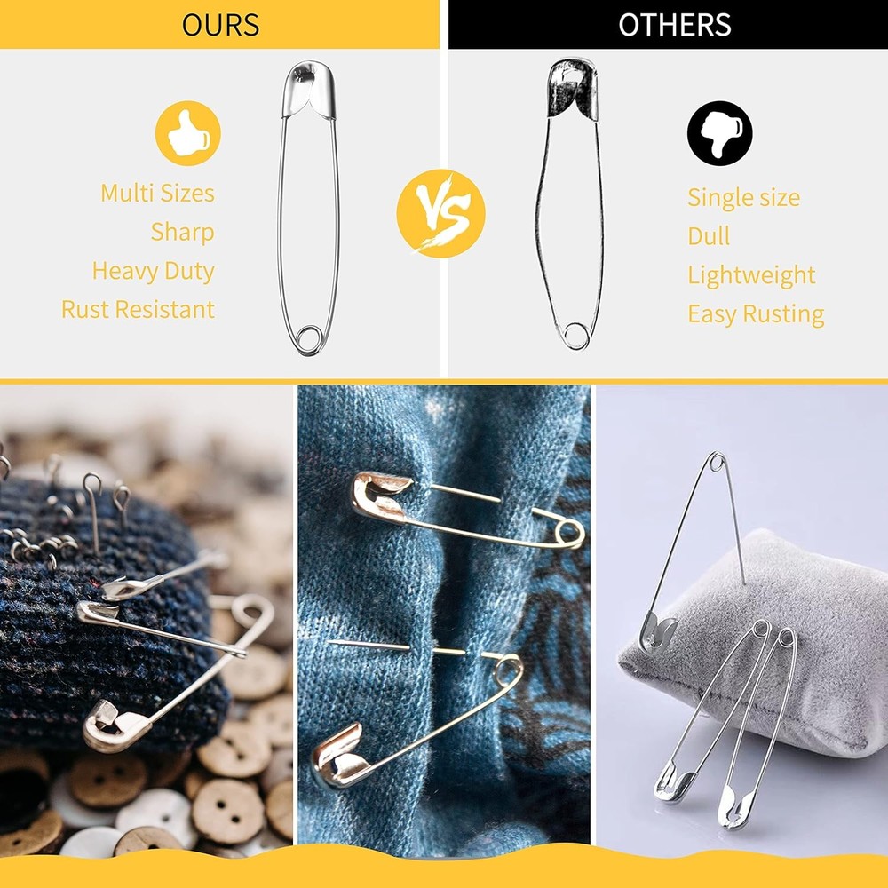 150 Pcs Safety Pins Assorted Sizes Silver Bulk