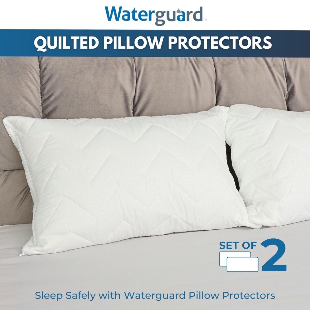 Quilted Pillow Protector - Waterproof and Bed Bug Proof Zippered Pillow Prote...