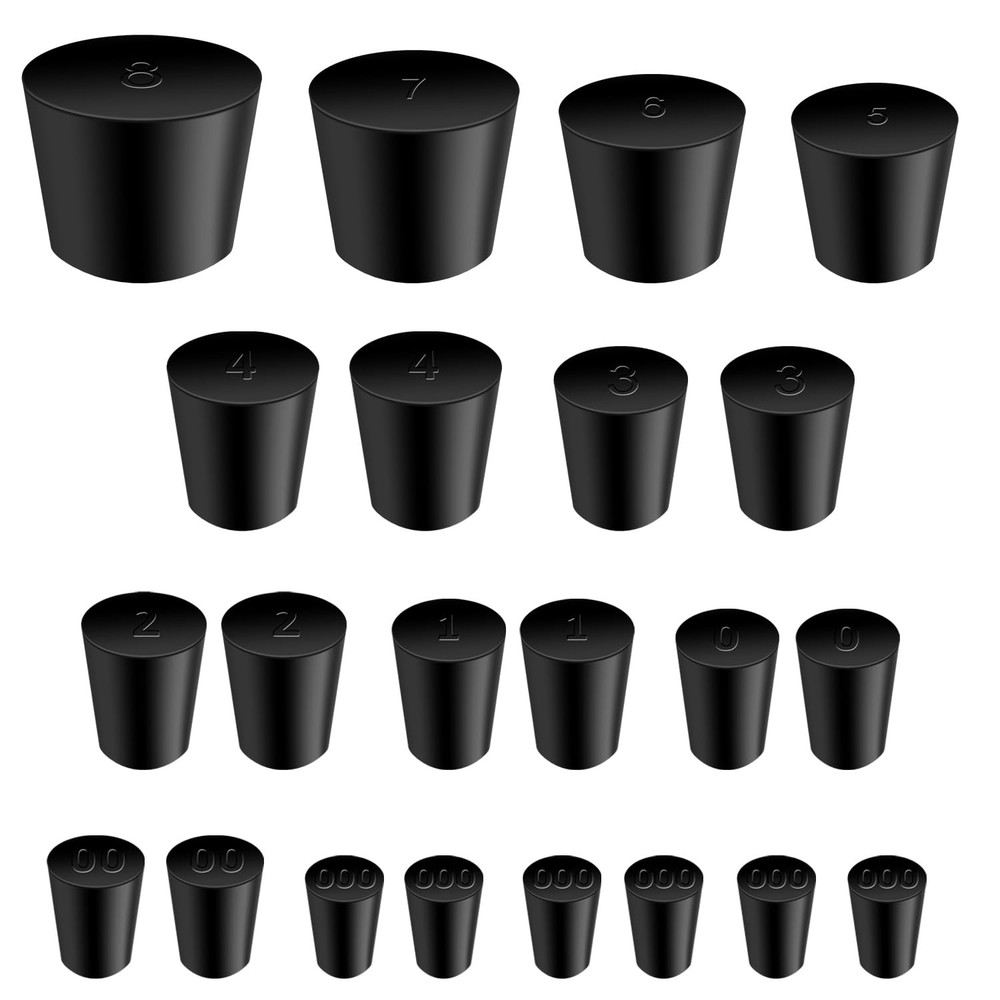 Rubber Stopper - 22 Pcs Solid Rubber Stoppers,11 Assorted Sizes 000# - 8# Tapere