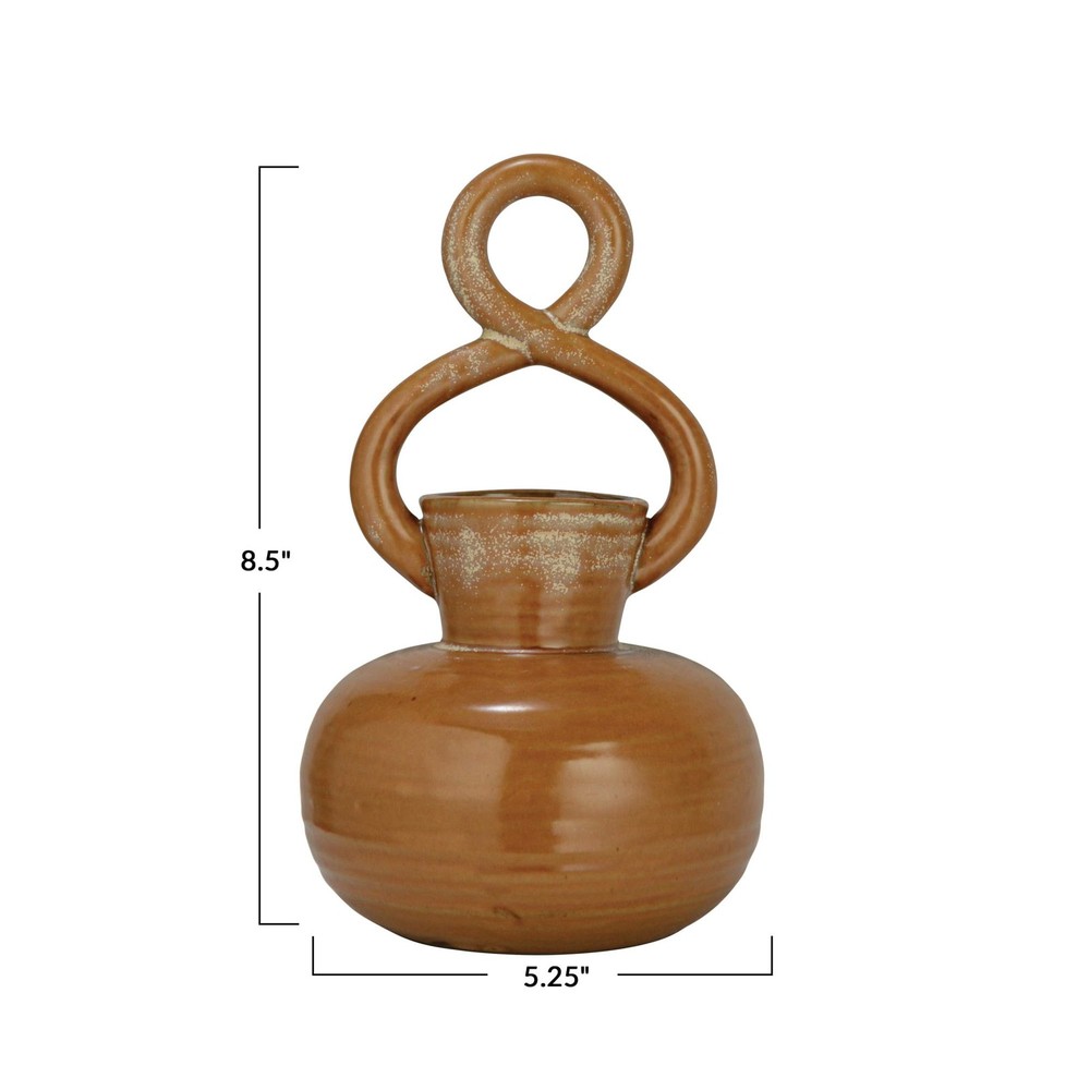 Round Decorative Stoneware Vase with Twisted Handle Reactive Glaze Brown