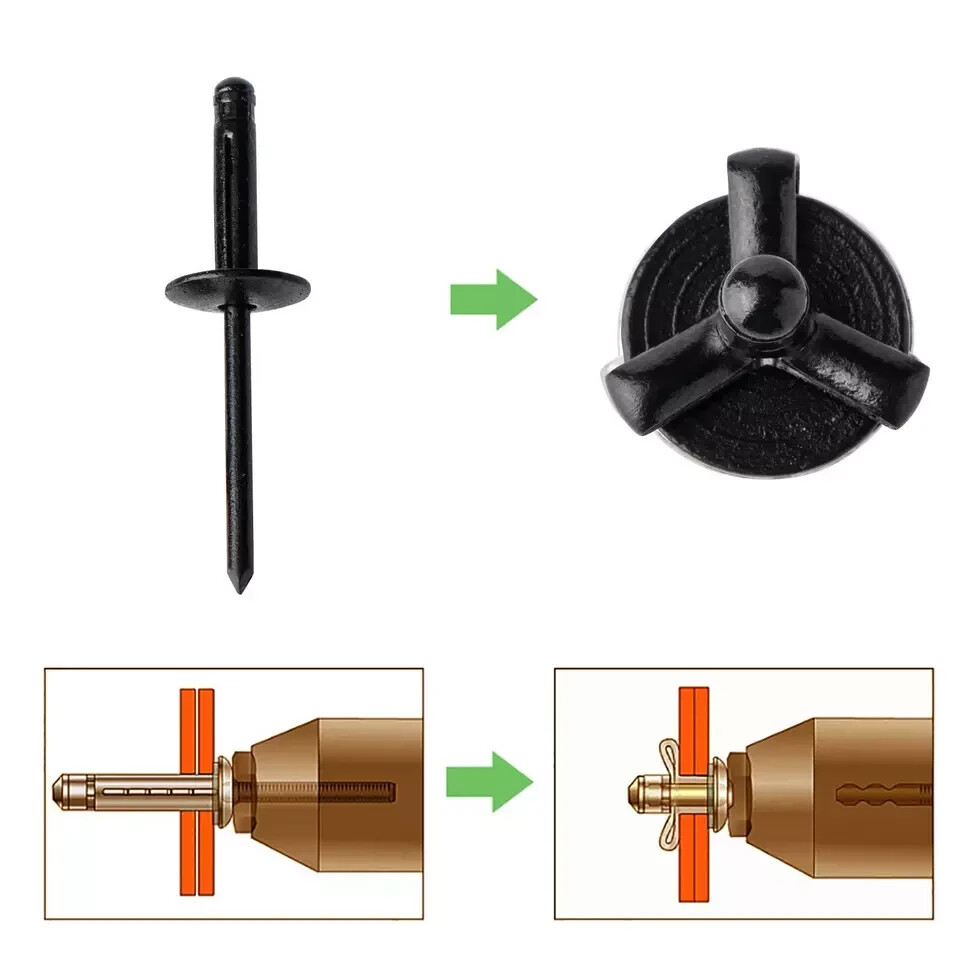 50pcs 3/16" x 1" Large Head Tri-Fold Exploding Aluminum Pop Rivets (Black)