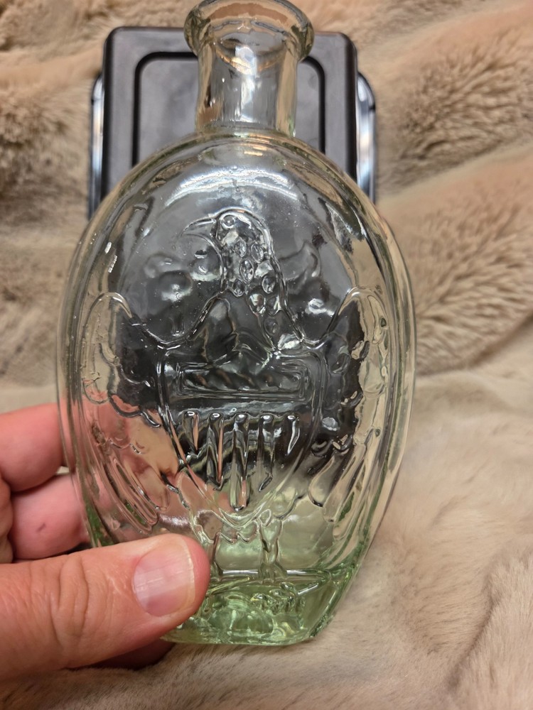 Vintage Cornucopia Eagle Historical Flask Bottle Aquamarine Hand Blown