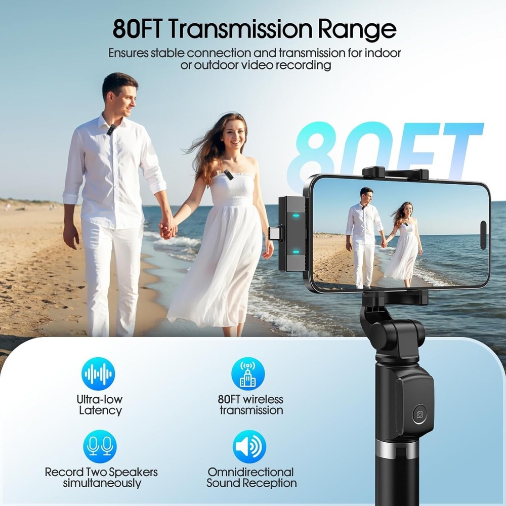 2 Pack Wireless Lavalier Microphone for iPhone iPad Android, Active Noise Reduct