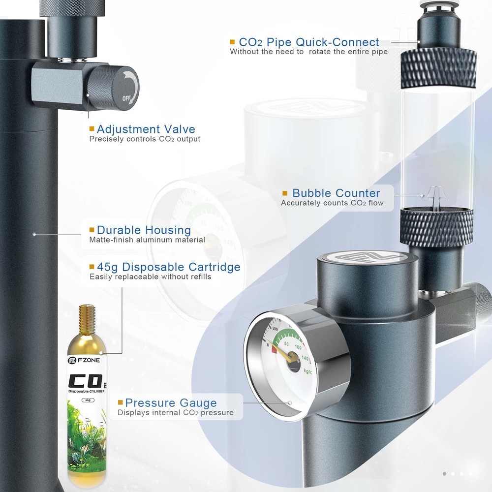 FZONE Desktop Aquarium CO2 System, Regulator with 45g silver grey