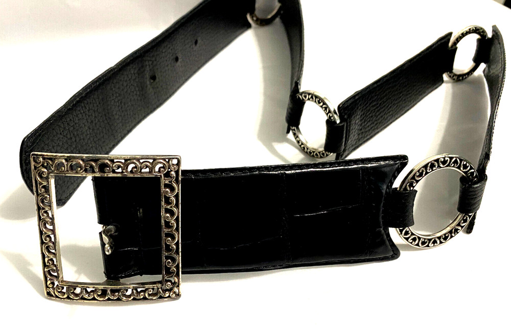 Belt Womens Black Segmented Adjustable Belt Size 34 Faux Snakeskin Pattern