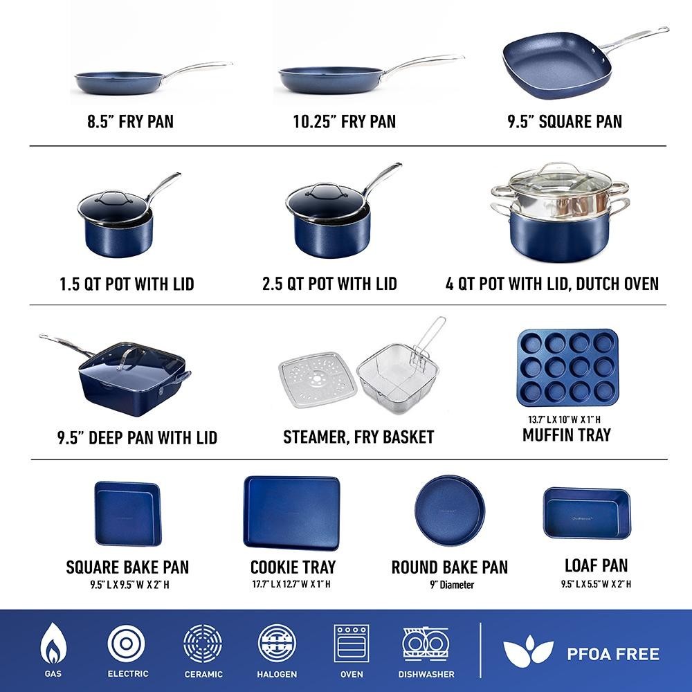 Granitestone Diamond 20-Pc Aluminum Ceramic Nonstick Cookware Blue, pots, pans