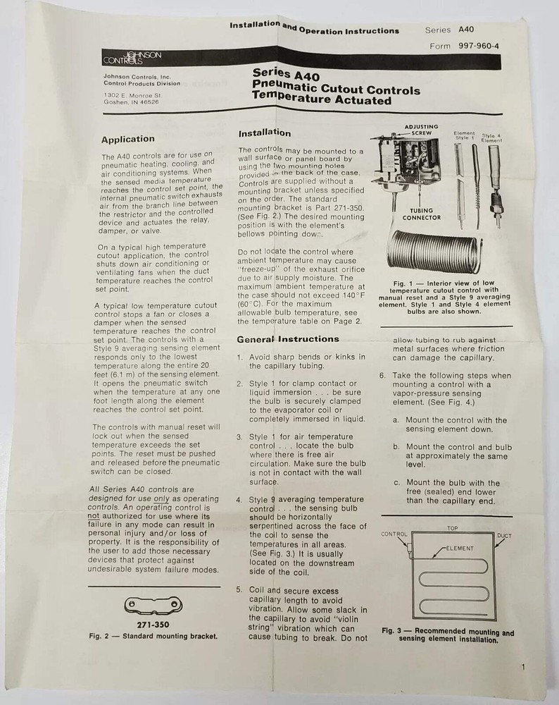 Johnson Controls A40HA-1 | Pneumatic Temperature Control
