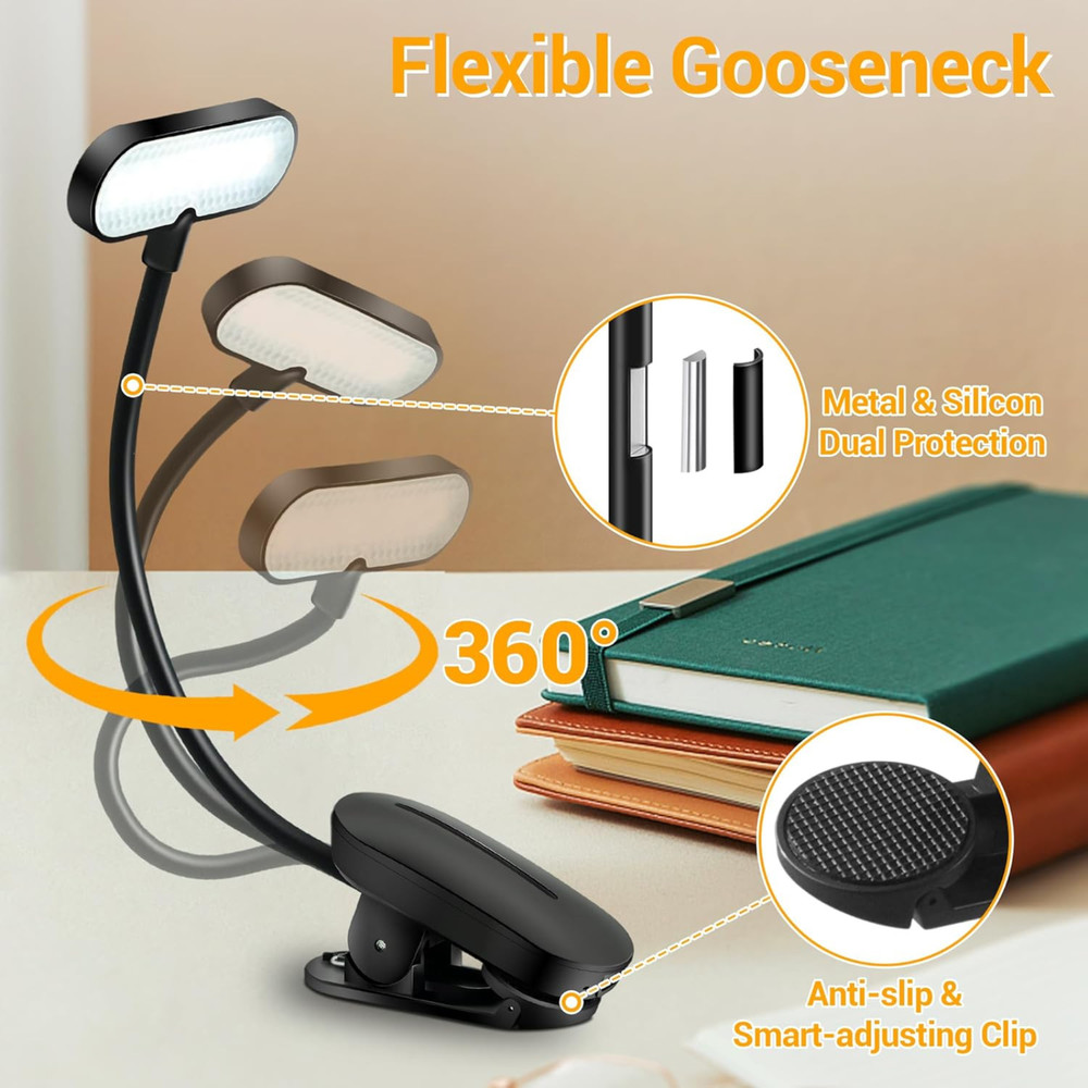 Book Light, Rechargeable Clear LED Flat Reading Light with 3 Colors Timer,