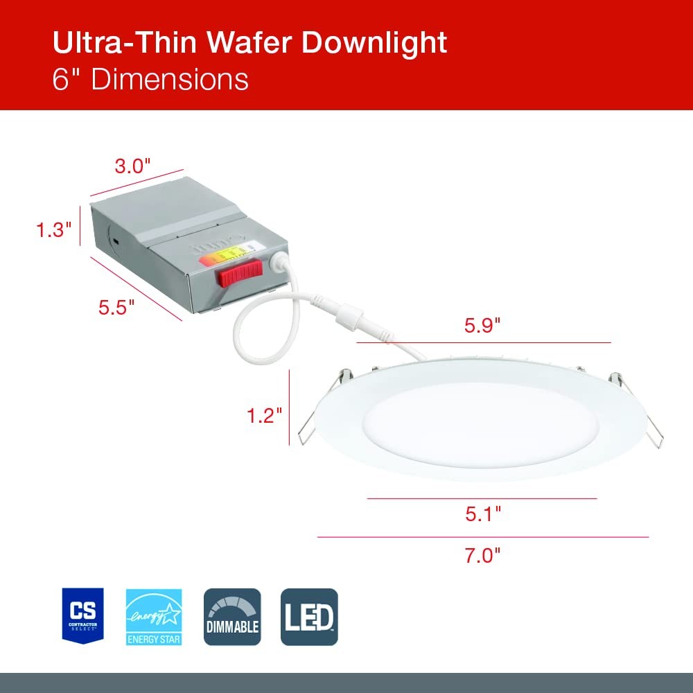 Juno 6" LED Recessed Wafer Downlight, 5-in-1 Switchable White Canless