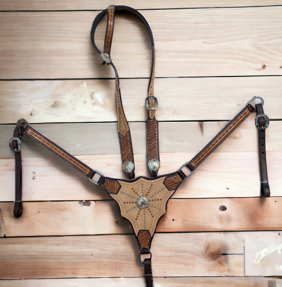 Western Headstall with nickel and copper studs with hand tooling Decorated MOUSM
