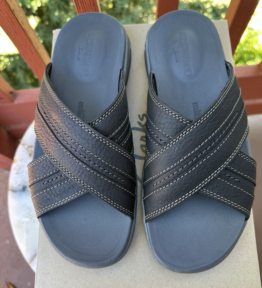 Clarks brixby cross black leather men's sandals size 8