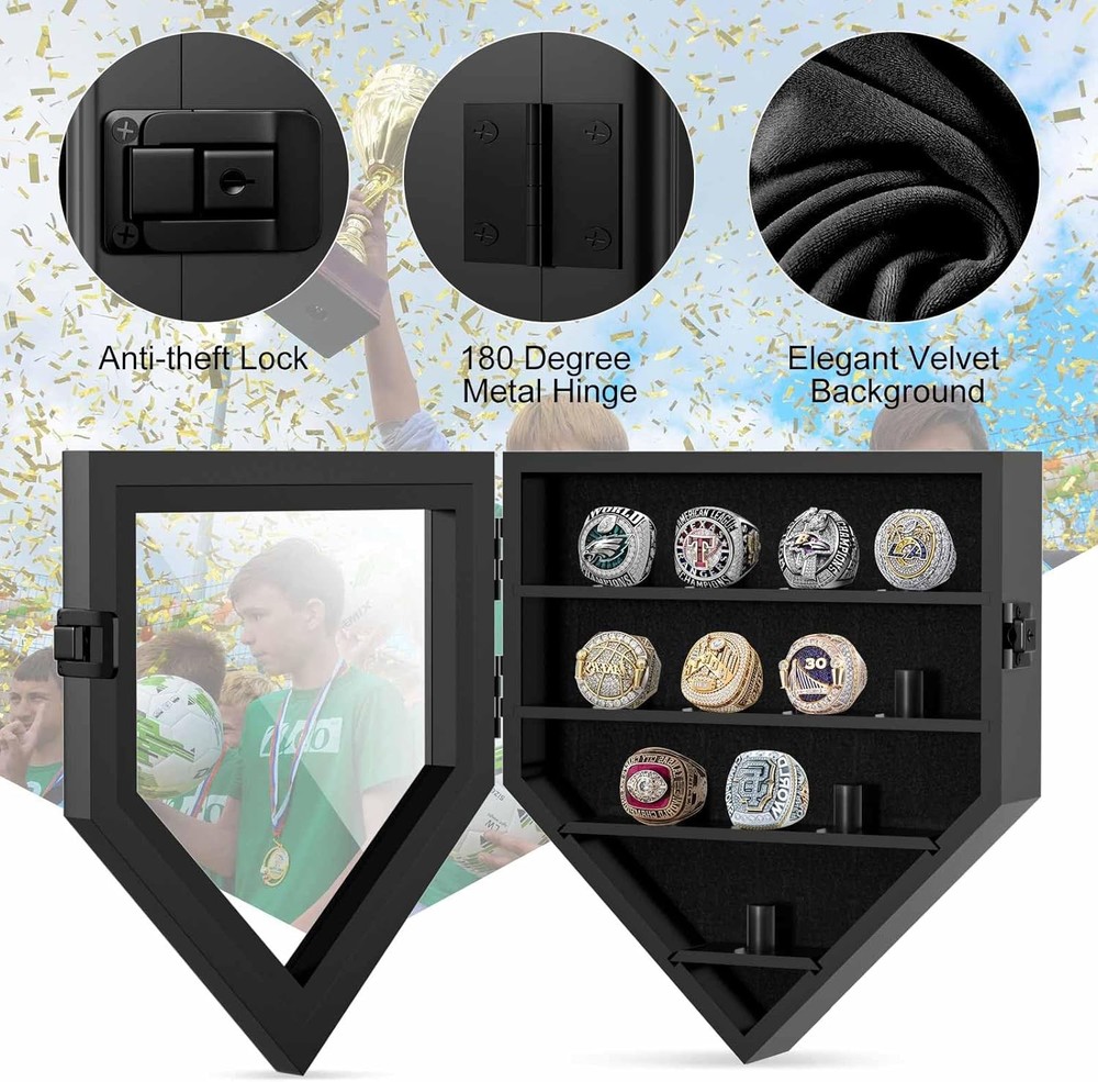 Championship Ring Display Case, 12 Posts Baseball 12 Posts-Pentagon, Black