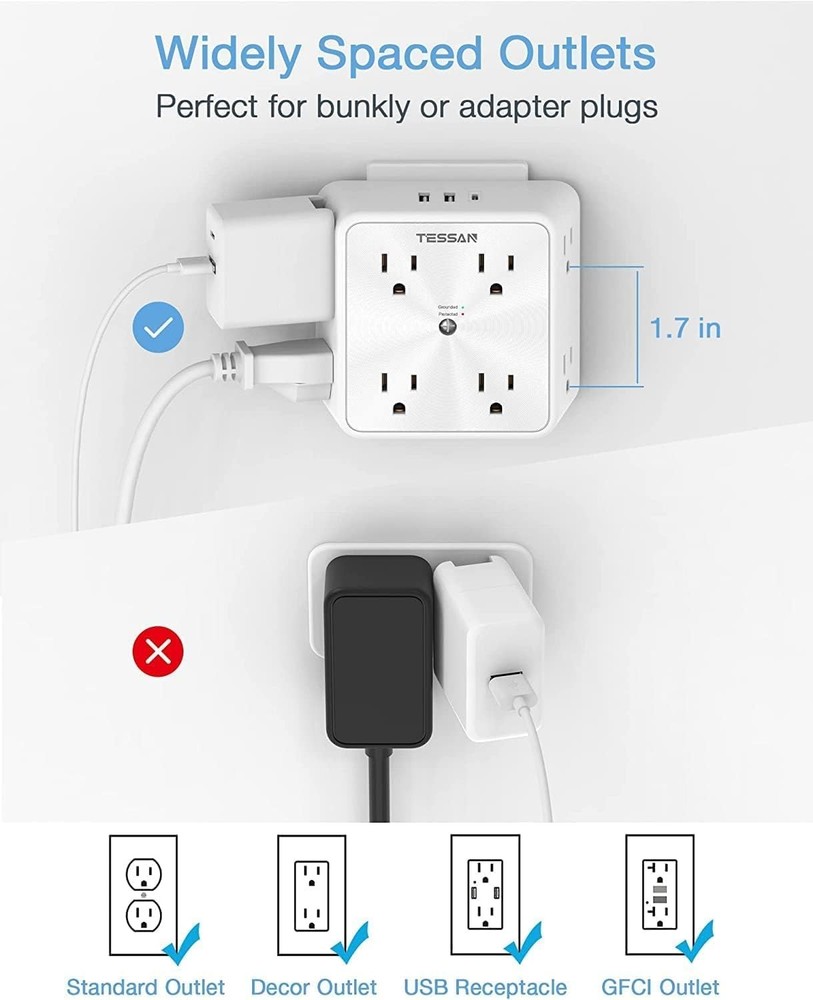 8 Outlets Extender Multi Plug Wall Adapter Surge Protector 1700J Wall Socket
