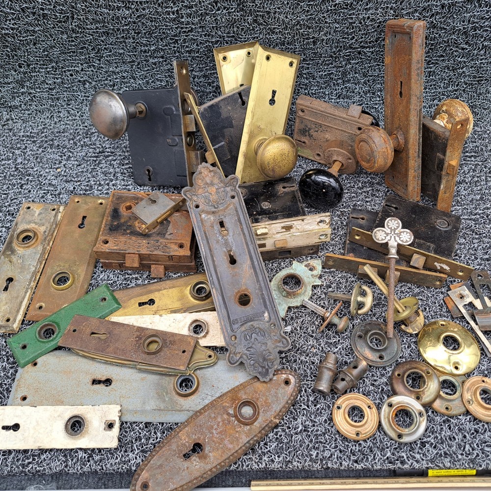Antique Cast Iron Rim Surface Door Lock Parts, Knobs. Salvage Lot