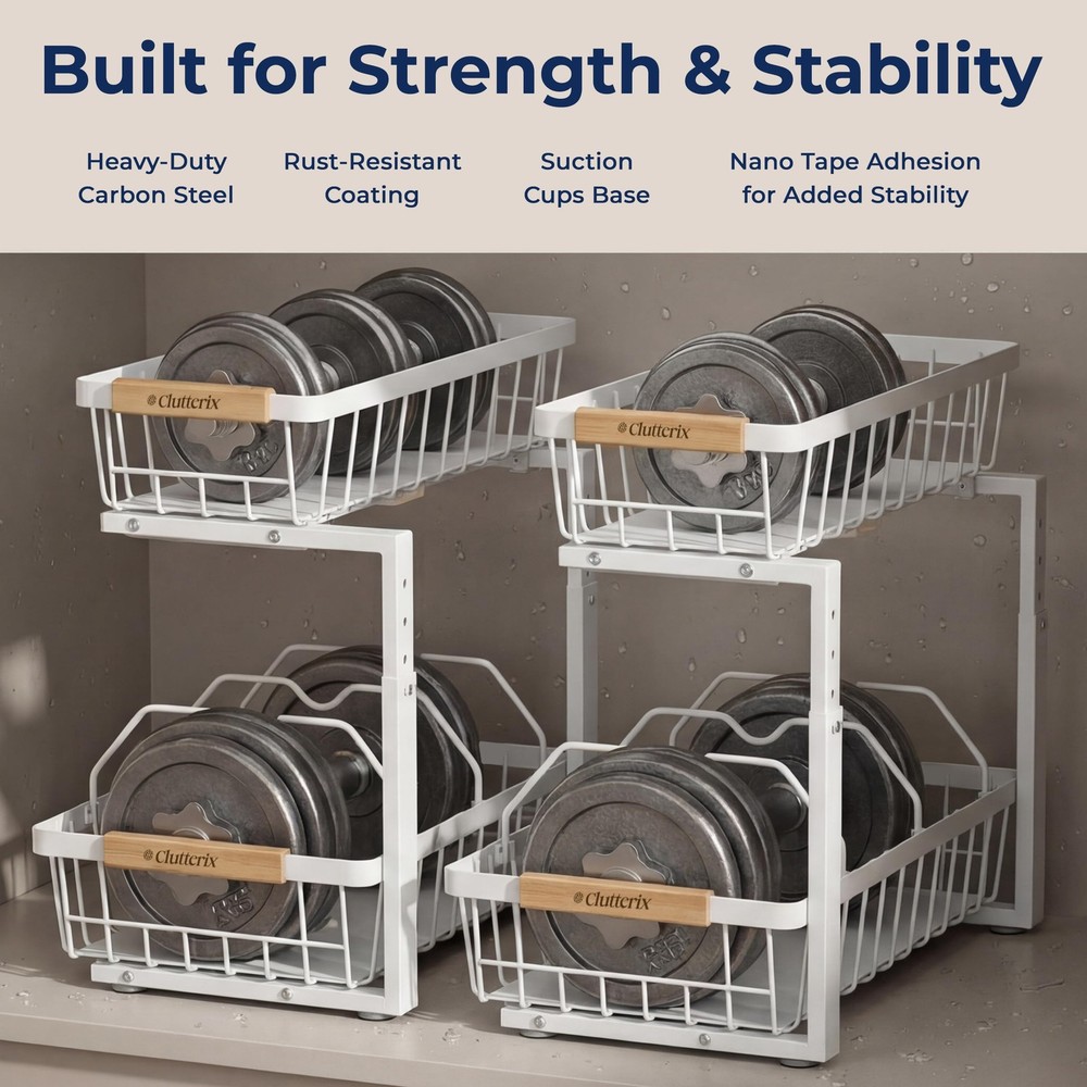 Clutterix Under Sink Organizer, 2 Pack, 2 Tier Sliding Standard Size, White