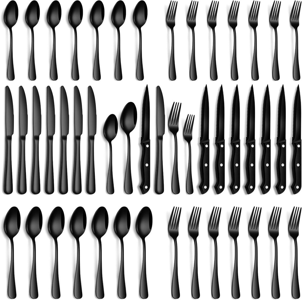 Black Silverware Set, 48 Piece Flatware Set, Stainless Steel Mirror Flatware