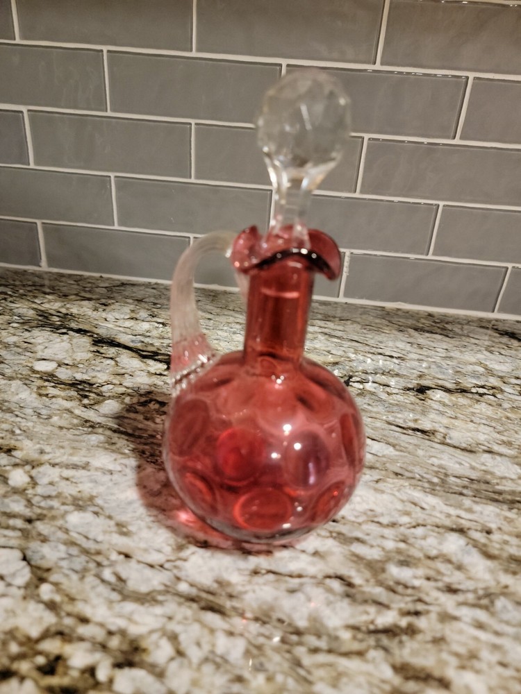Cranberry Vinegar Cruet with Stopper - Coin Dot Pattern