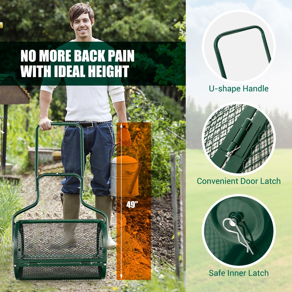 27" Compost Spreader Peat Moss Spreader Heavy Duty Garden Metal Mesh Roller