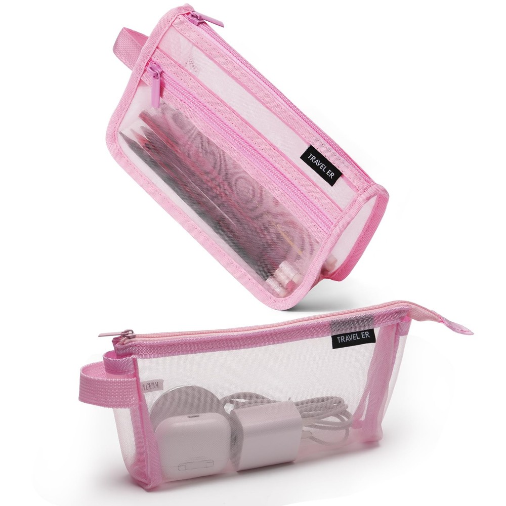 2-Pack Grid Mesh Pencil Case with Handle and Zipper, Double Layer Clear Pencil