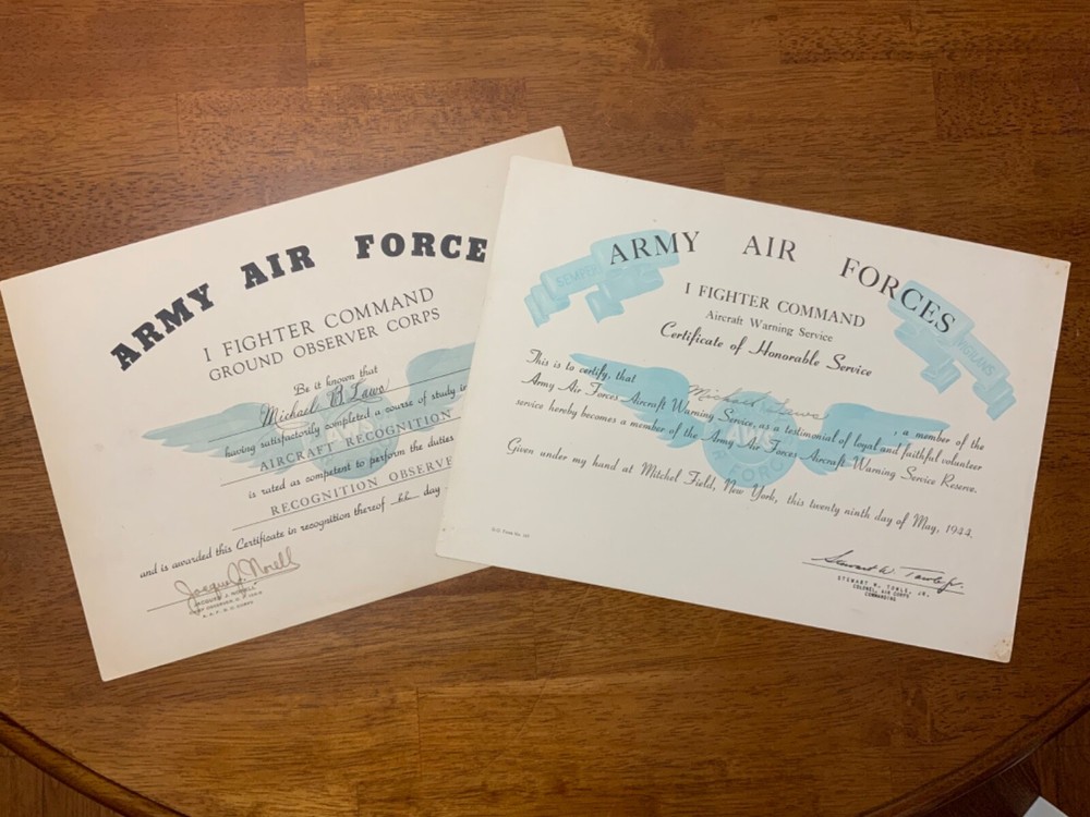 WWII AAF I Fighter Command Aircraft Warning Service Certificates Signed Generals
