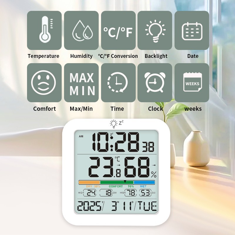 Indoor Thermometer Backlit Display Home Decor Alarm Function Battery Powered