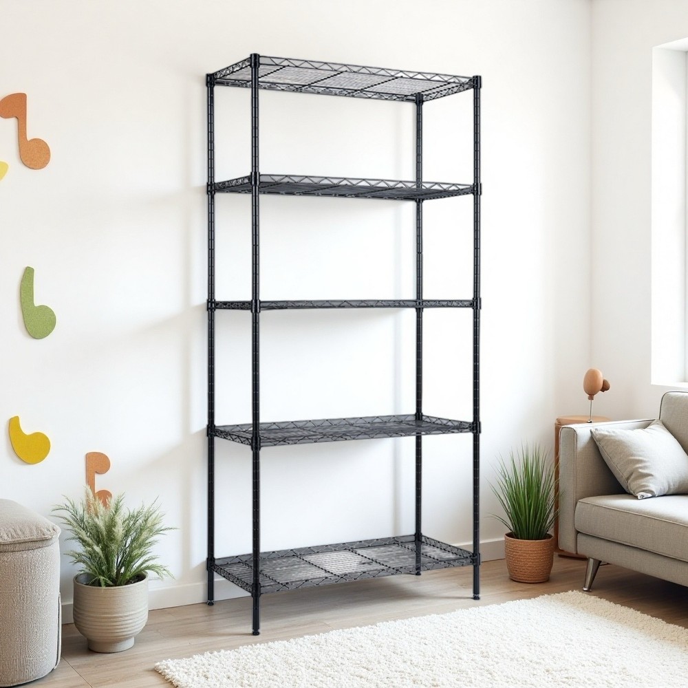 5-Tier Wire Shelving Unit - Adjustable, Black & Modular Kitchen Storage Rack