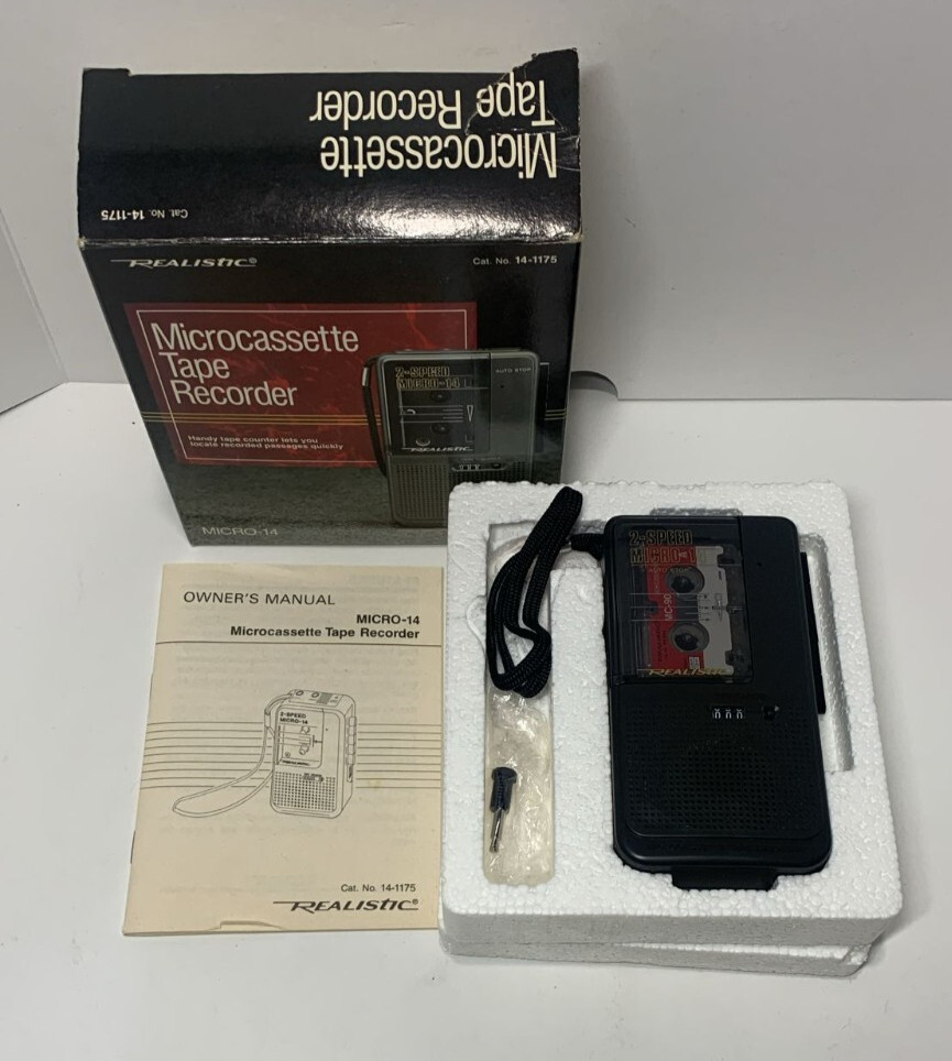 Vintage Realistic Micro-14 14-1175 Microcassette Recorder w/ Box & Manual Tested