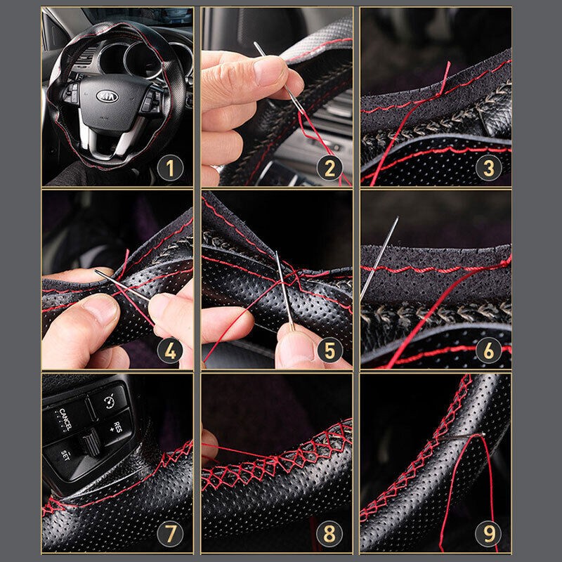Car Steering Wheel Cover Needle Thread AntiSlip Leather Black Universal 38cm