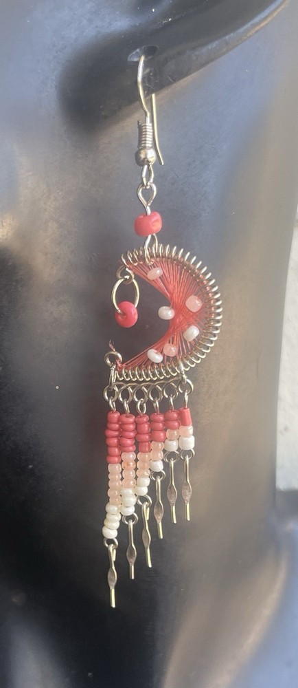 Crescent Salmon Pink Earrings Silk Thread Seed Bead Dangle Boho Peruvian Ethnic