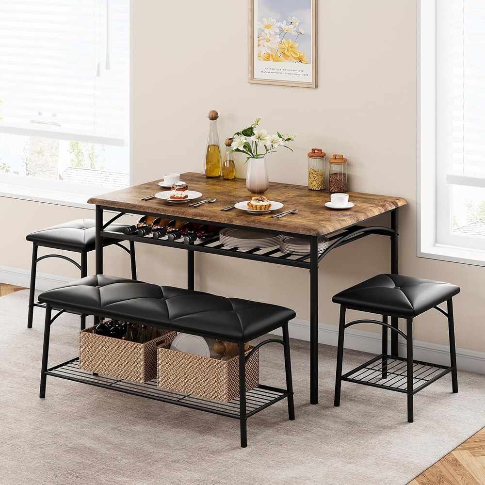 Dining Table Set for 4 Wooden Kitchen Table Set Storage with Bench, Stools Home