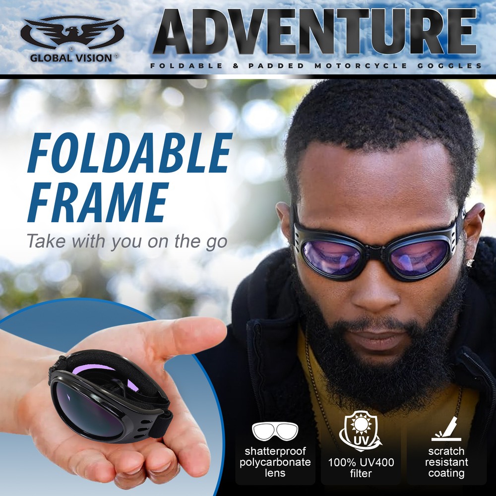 Adventure Foldable Goggles Black Frame Purple Tint Lenses