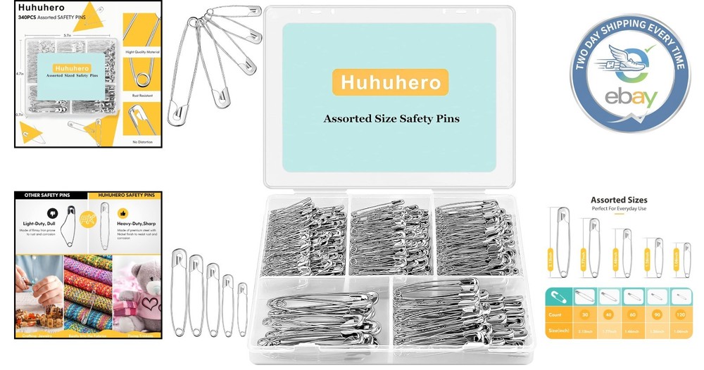 Multi-Size Safety Pins Bulk - 340 Pack, Rust Resistant for Crafts & Sewing