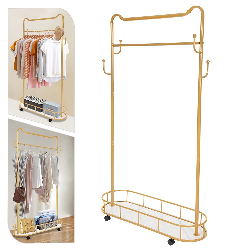 Multi-Functional Movable Clothes Rack Garment Stand w/ Storage Basket & Hooks