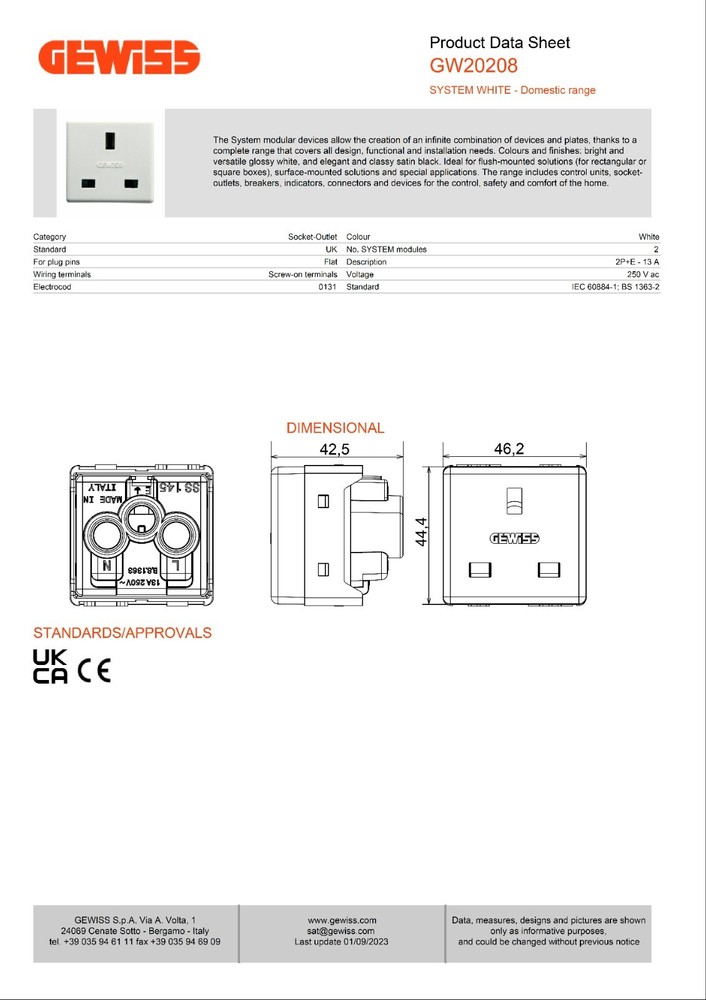 GEWISS GW20208 BRITISH SOCKET-OUTLET 250V ac - 2P+E 13A - 2 MODULES SYSTEM WHITE