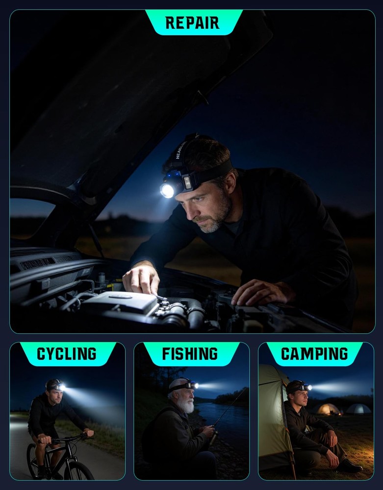Headlamp Rechargeable 2 Pack, Motion Sensor Super Bright LED Black