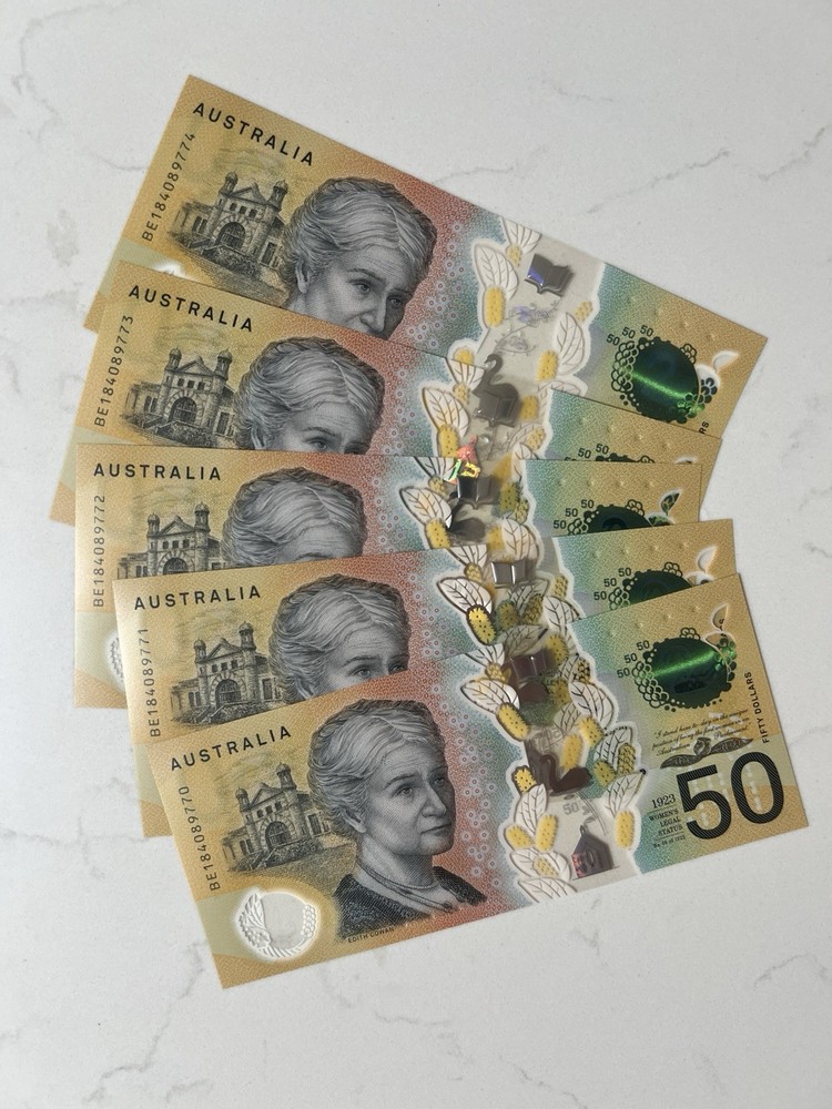 Australia $50 x 5 Next Generation Notes. UNC Consecutive Serial Numbers Perfect