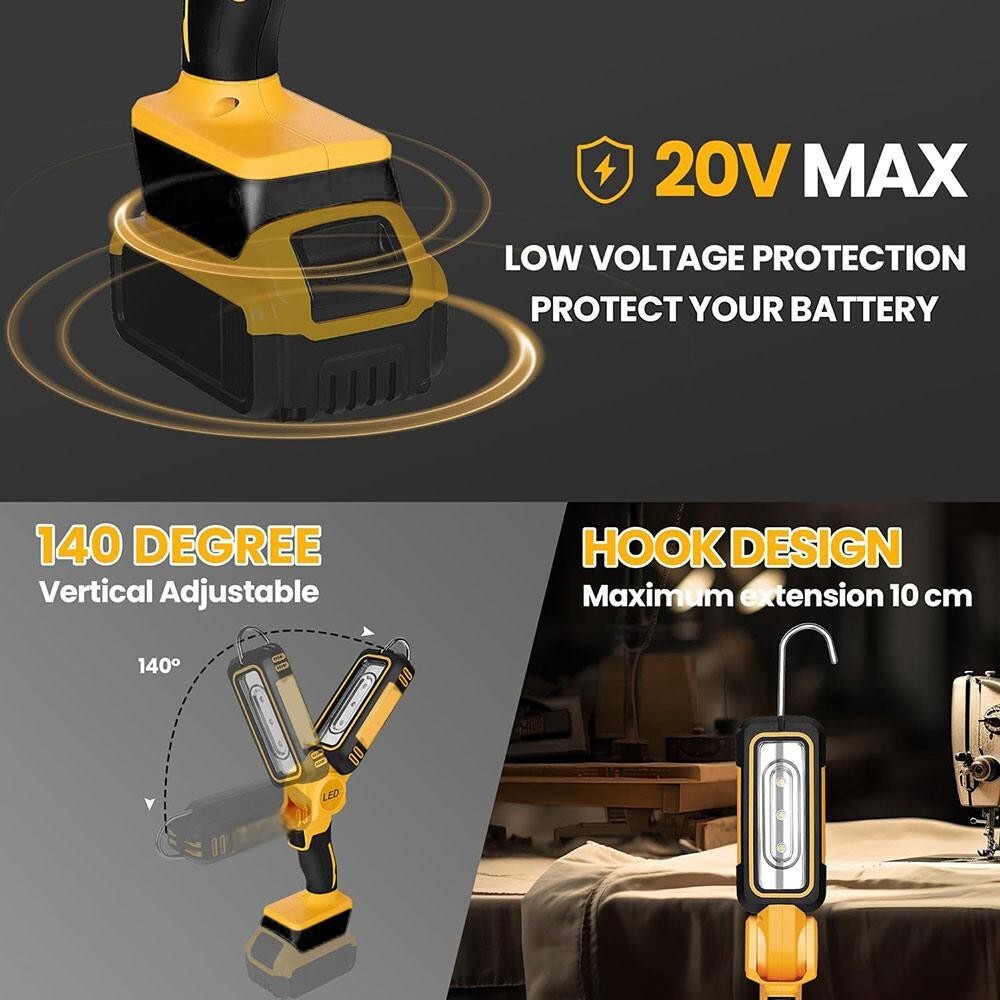 140° Rotating Handheld Torch Cordless LED Work Light for Dewalt 18V 20V Battery