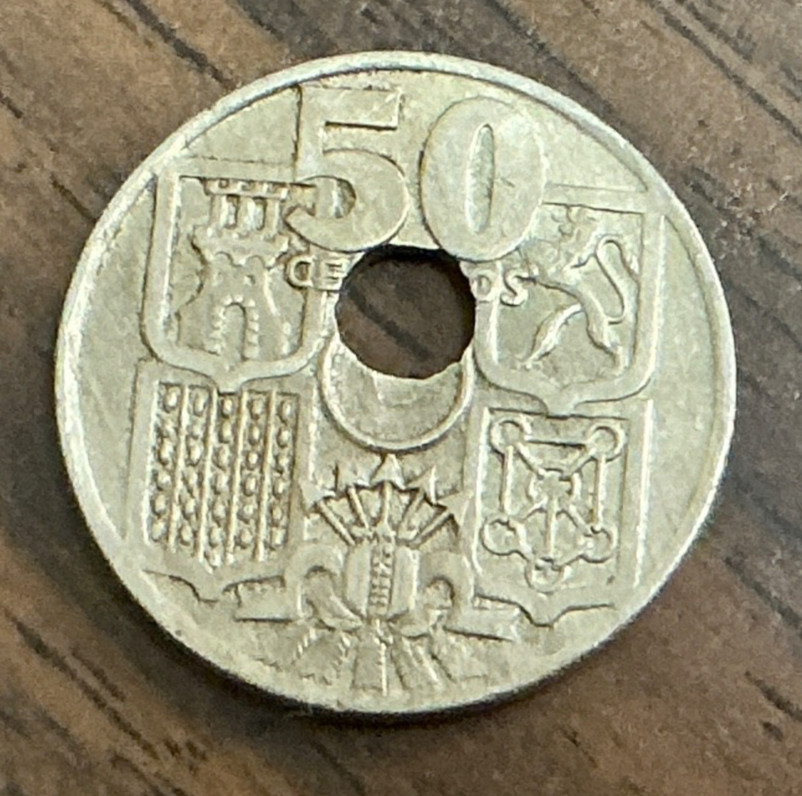 1949 Spain 50 Centavos Off-Center Hole Error