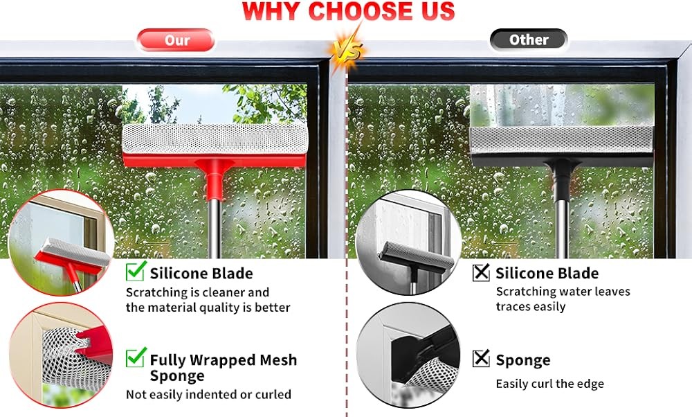 Window Squeee.- Retractable Handle, 2-in-1 Squeee for Window Cleaning