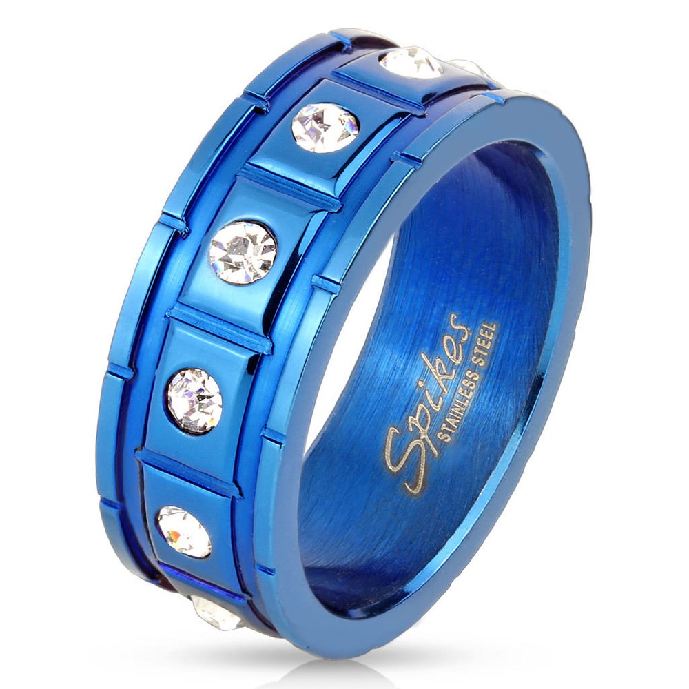 Men's Blue Steel Segments Rectangular 12 Stone Pair Ring 9936B